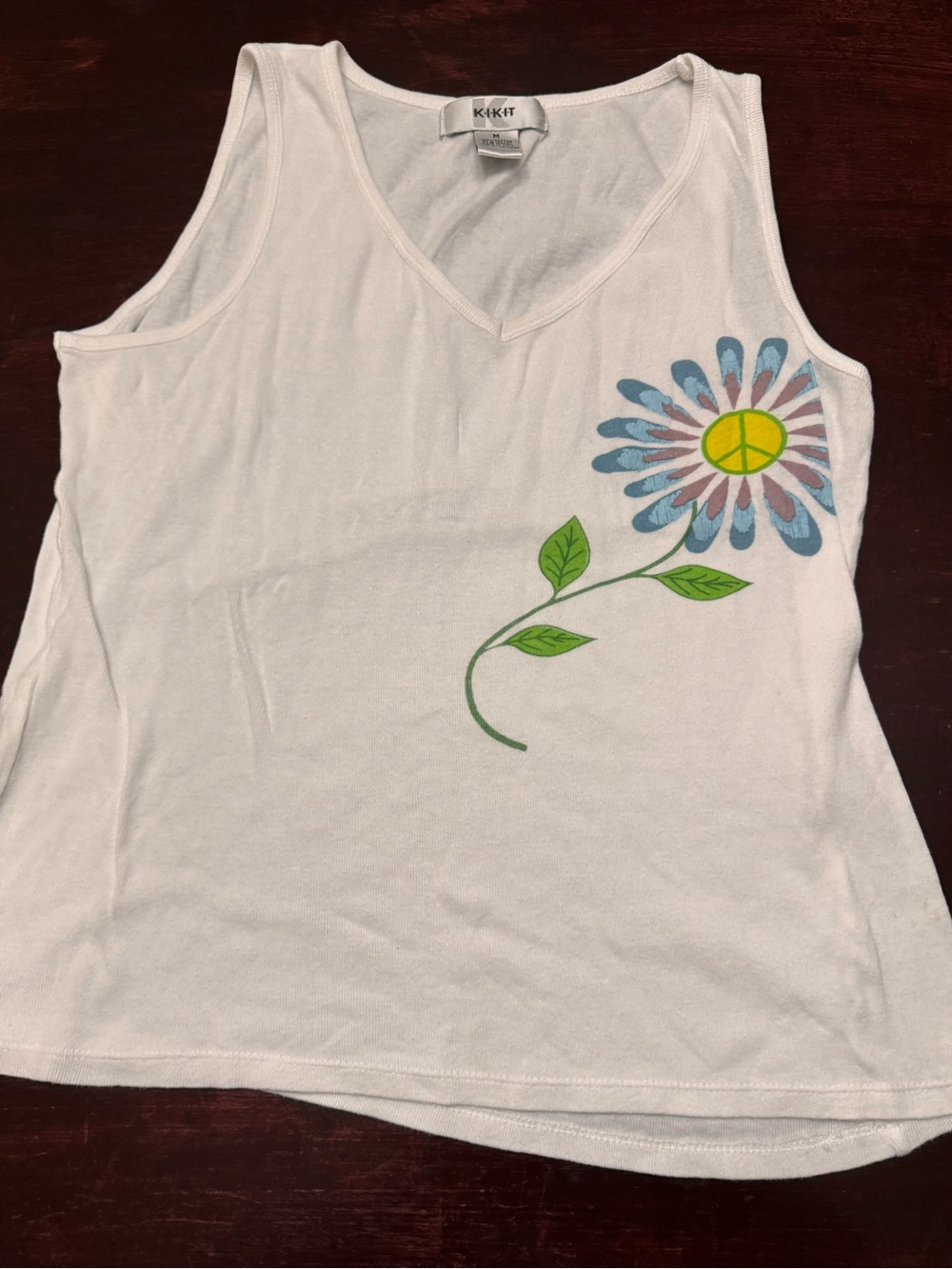 Kikit White V-Neck Tank with Floral Peace Sign